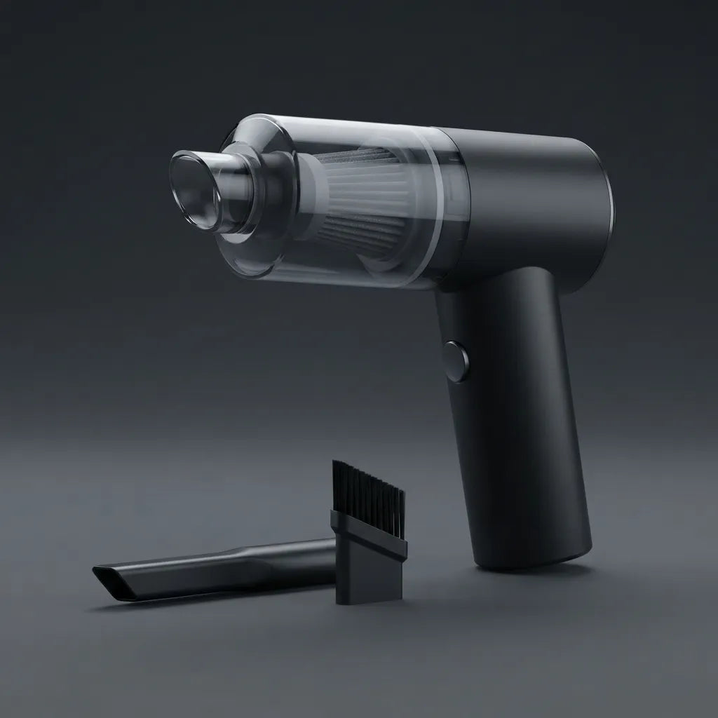 A compact handheld vacuum cleaner in matte black with a transparent dust bin, shown alongside a narrow attachment nozzle and a small cleaning brush on a dark gray studio background.