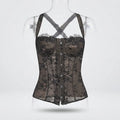 A black lace corset bustier displayed on a clear mannequin torso against a light gray studio background. The garment has sheer floral lace panels, structured boning, a button-front closure, and crisscross shoulder straps.