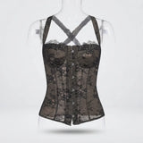 A black lace corset bustier displayed on a clear mannequin torso against a light gray studio background. The garment has sheer floral lace panels, structured boning, a button-front closure, and crisscross shoulder straps.