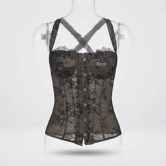 A black lace corset bustier displayed on a clear mannequin torso against a light gray studio background. The garment has sheer floral lace panels, structured boning, a button-front closure, and crisscross shoulder straps.