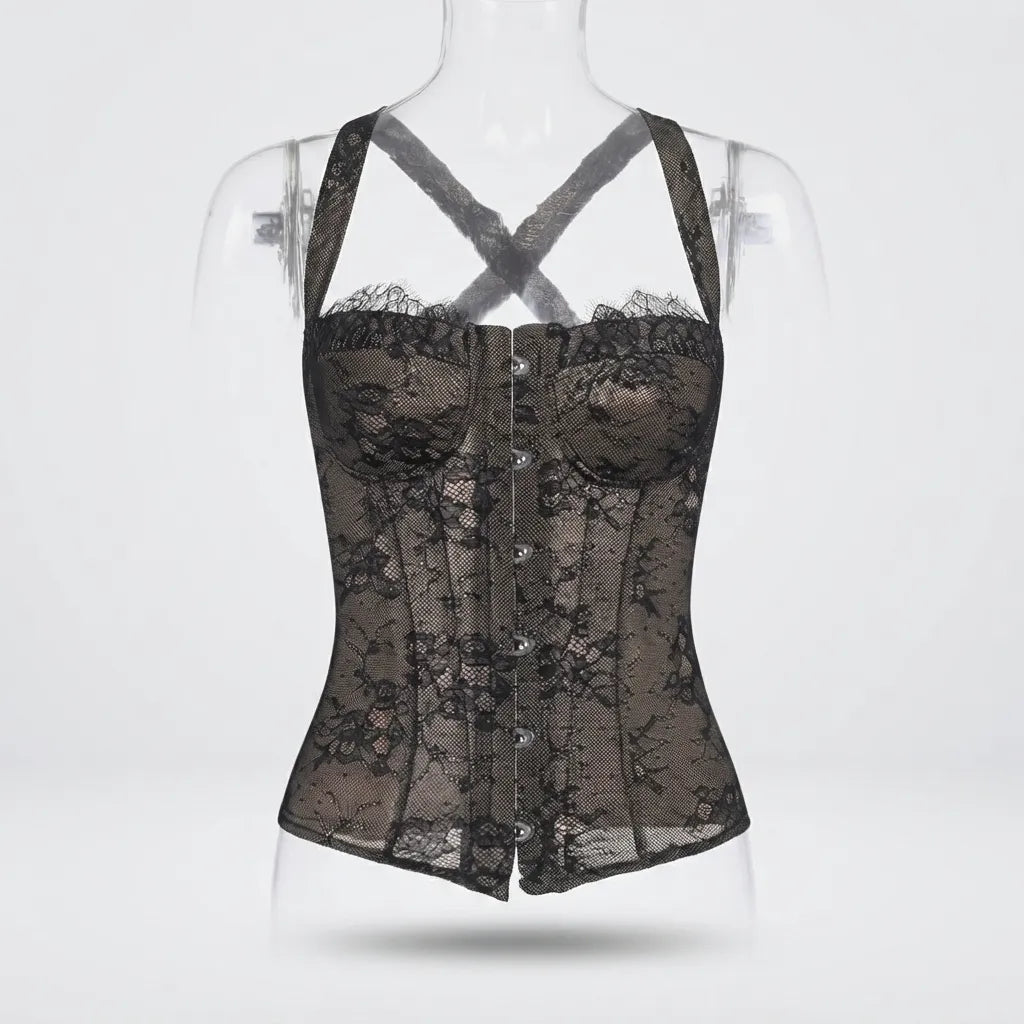 A black lace corset bustier displayed on a clear mannequin torso against a light gray studio background. The garment has sheer floral lace panels, structured boning, a button-front closure, and crisscross shoulder straps.