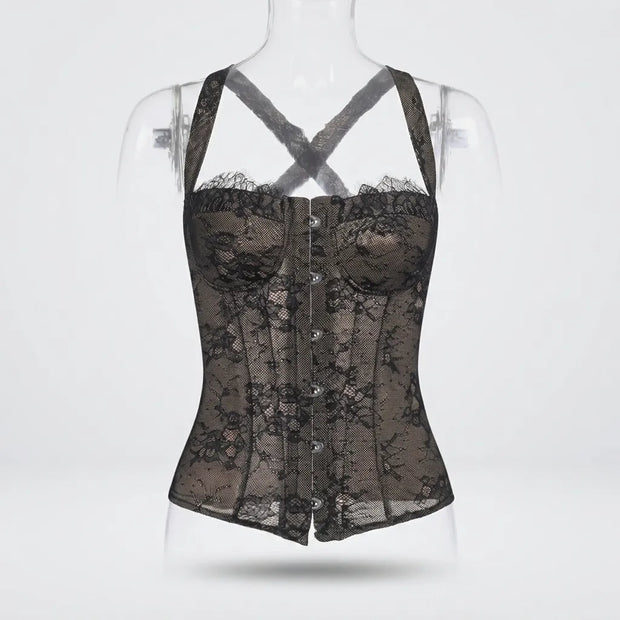 A black lace corset bustier displayed on a clear mannequin torso against a light gray studio background. The garment has sheer floral lace panels, structured boning, a button-front closure, and crisscross shoulder straps.