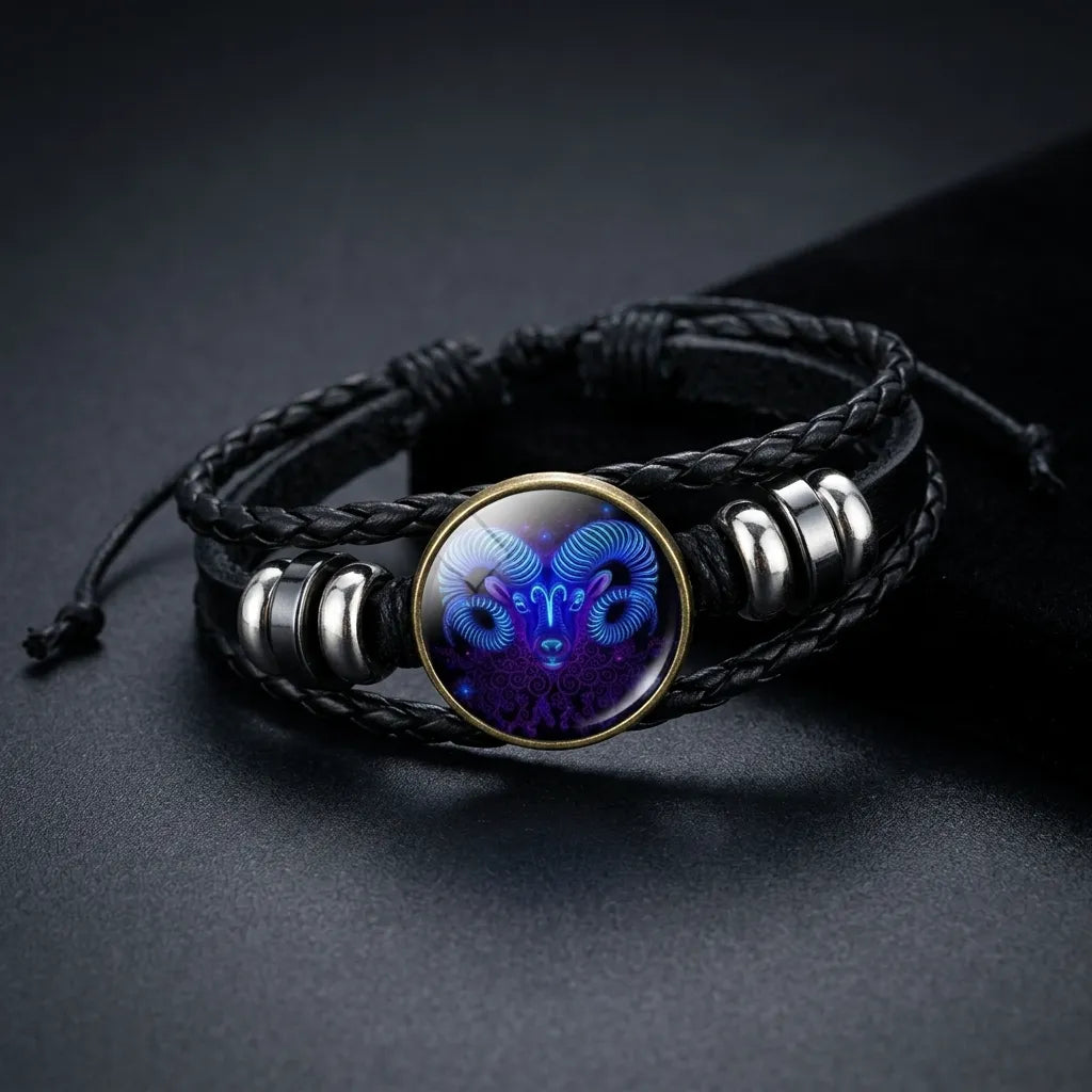 A black braided cord bracelet with a central oval cabochon featuring a blue and purple ram design, accented by silver metal beads on a dark background.