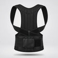 A black posture corrector brace with a breathable mesh back panel and adjustable waist belt, shown from the back on a light gray background.