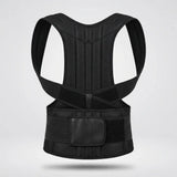 A black posture corrector brace with a breathable mesh back panel and adjustable waist belt, shown from the back on a light gray background.