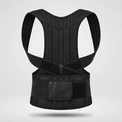 A black posture corrector brace with a breathable mesh back panel and adjustable waist belt, shown from the back on a light gray background.
