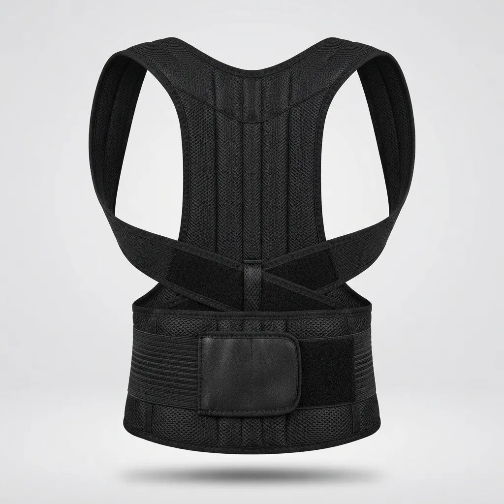 A black posture corrector brace with a breathable mesh back panel and adjustable waist belt, shown from the back on a light gray background.