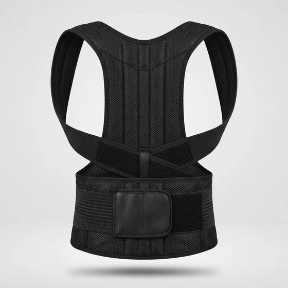 A black posture corrector brace with a breathable mesh back panel and adjustable waist belt, shown from the back on a light gray background.