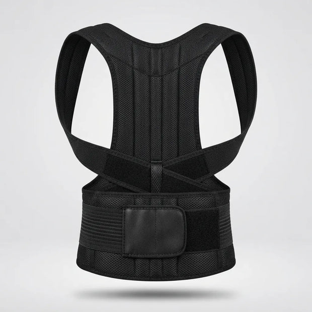 A black posture corrector brace with a breathable mesh back panel and adjustable waist belt, shown from the back on a light gray background.