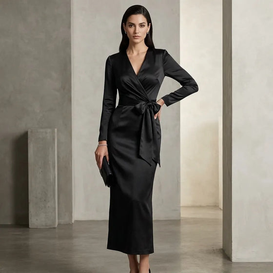 A woman models a black satin long-sleeve wrap midi dress with a tie waist, standing in a minimalist studio with concrete pillars.