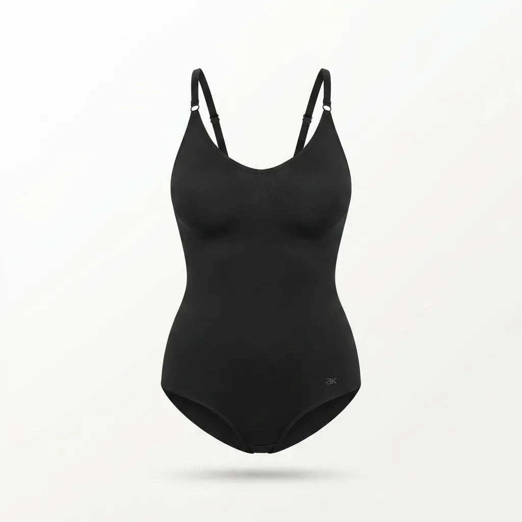 A black one-piece swimsuit with adjustable shoulder straps and a small white 'AK' logo near the lower right hip, shown against a clean white background.