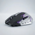 A futuristic gaming mouse with a black and silver metallic body and glowing purple LED accents, shown from a side profile on a light gray background.