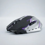 A futuristic gaming mouse with a black and silver metallic body and glowing purple LED accents, shown from a side profile on a light gray background.
