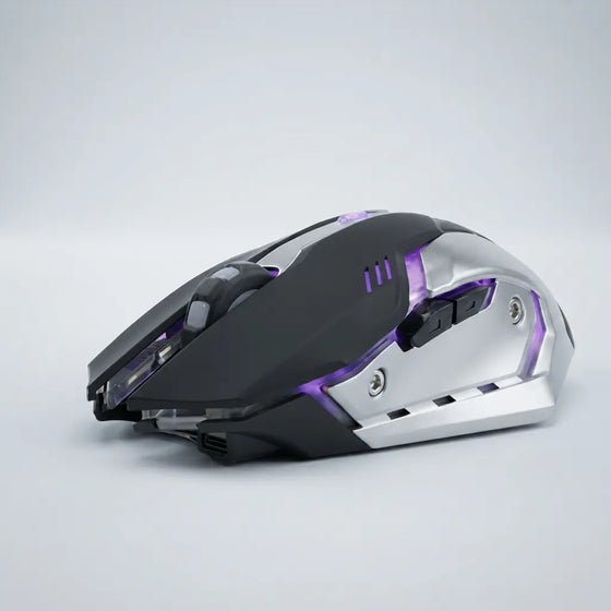 A futuristic gaming mouse with a black and silver metallic body and glowing purple LED accents, shown from a side profile on a light gray background.