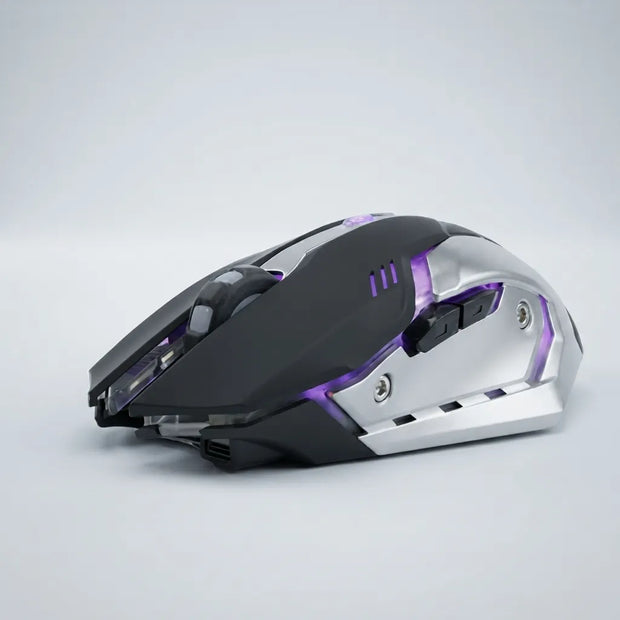 A futuristic gaming mouse with a black and silver metallic body and glowing purple LED accents, shown from a side profile on a light gray background.