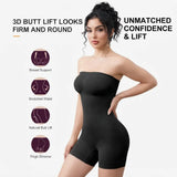 A woman modeling a black strapless shapewear bodysuit against a light gray background, with marketing text on the left about breast support, snatched waist, natural butt lift, and thigh slimmer.