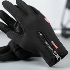 Black winter gloves with a zipper pocket and textured grip on the fingers, featuring a small red brand tag.