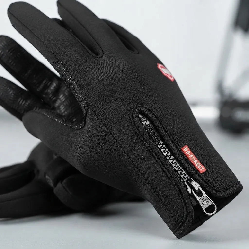 Black winter gloves with a zipper pocket and textured grip on the fingers, featuring a small red brand tag.