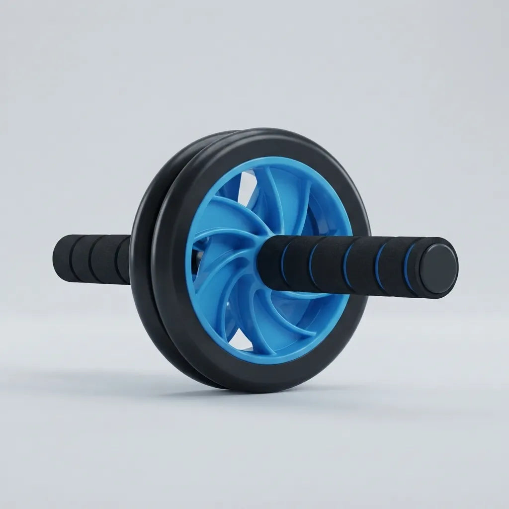 A black and blue ab roller wheel exercise device on a light gray studio background.
