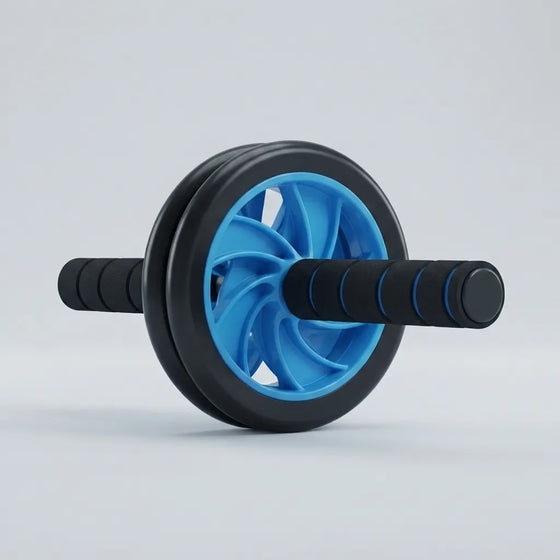 A black and blue ab roller wheel exercise device on a light gray studio background.