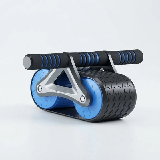 An ab roller exercise wheel with textured black handles, blue textured inner wheels, and a silver metal support frame, shown on a light gray background.