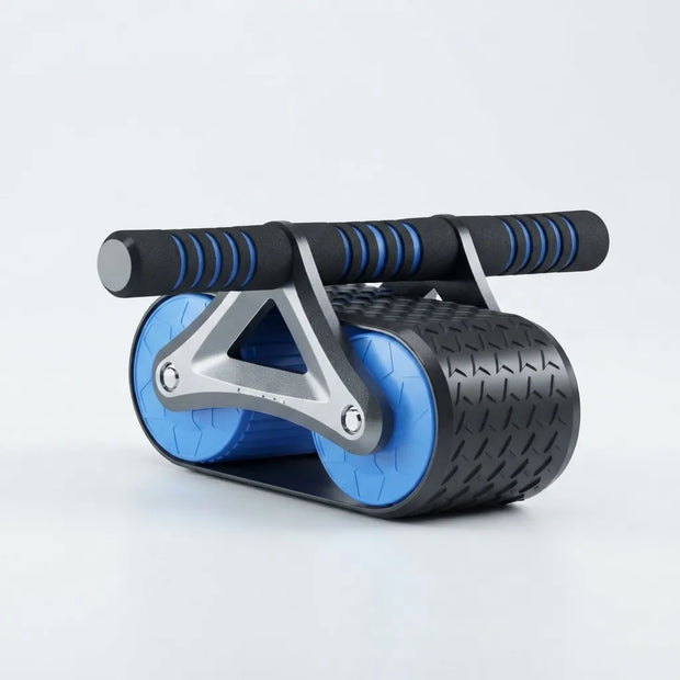 An ab roller exercise wheel with textured black handles, blue textured inner wheels, and a silver metal support frame, shown on a light gray background.