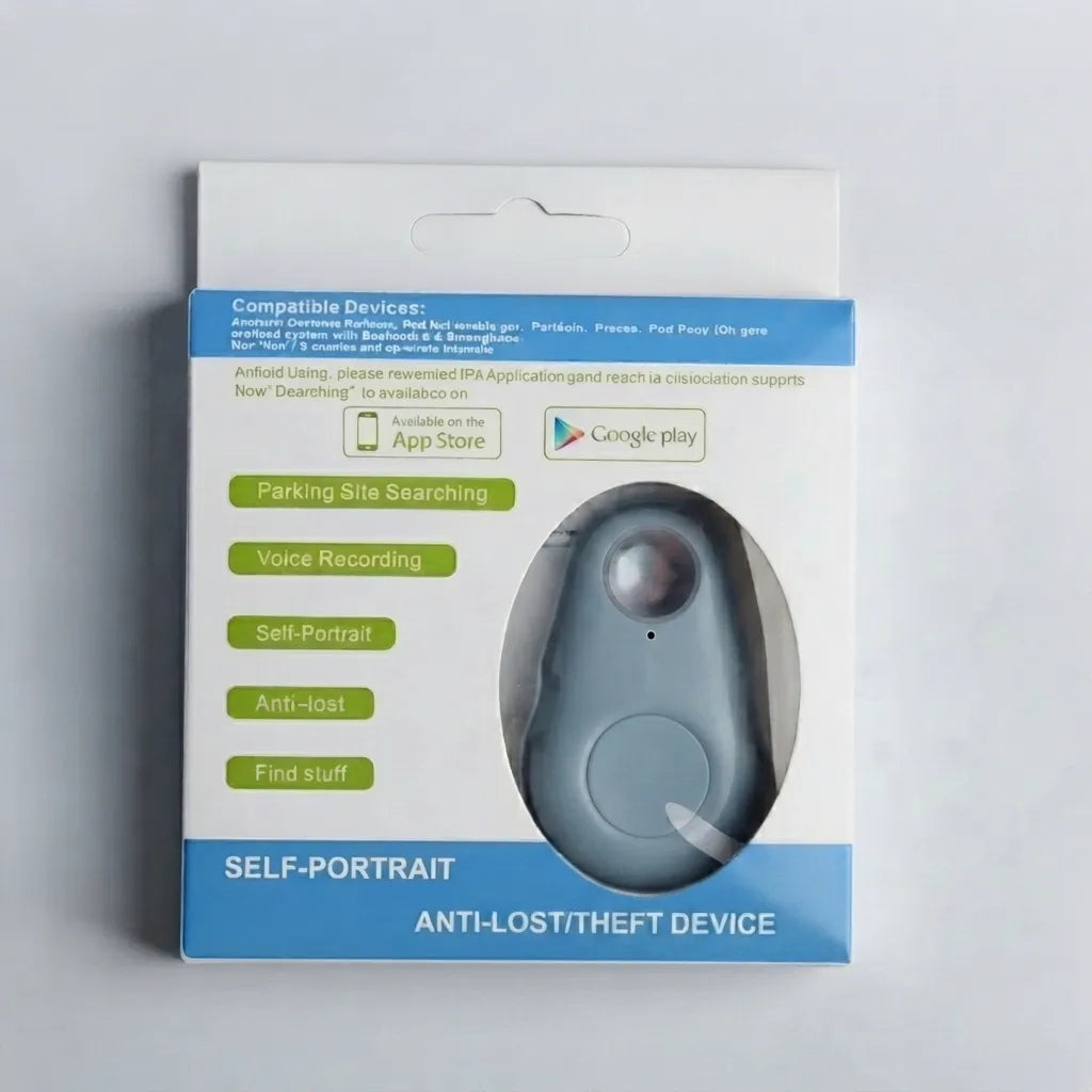 A retail-packaged self-portrait anti-lost/thief device on a light gray background. The packaging is white and blue, featuring a clear window showing the round, slate-blue device inside.
