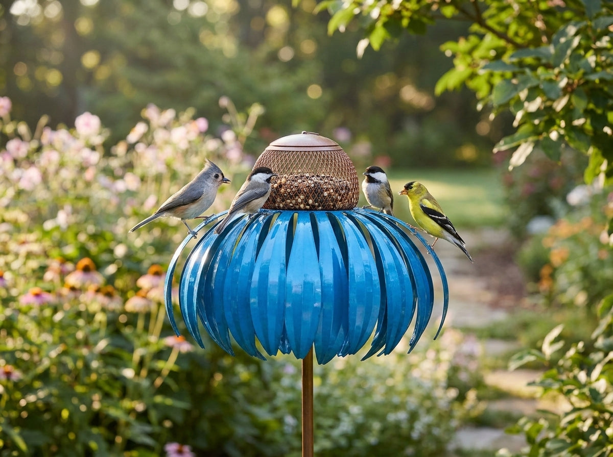 A blue metal bird feeder shaped like a flower, with a seed container on top and four birds perched on it, set in a lush garden with flowers and greenery.