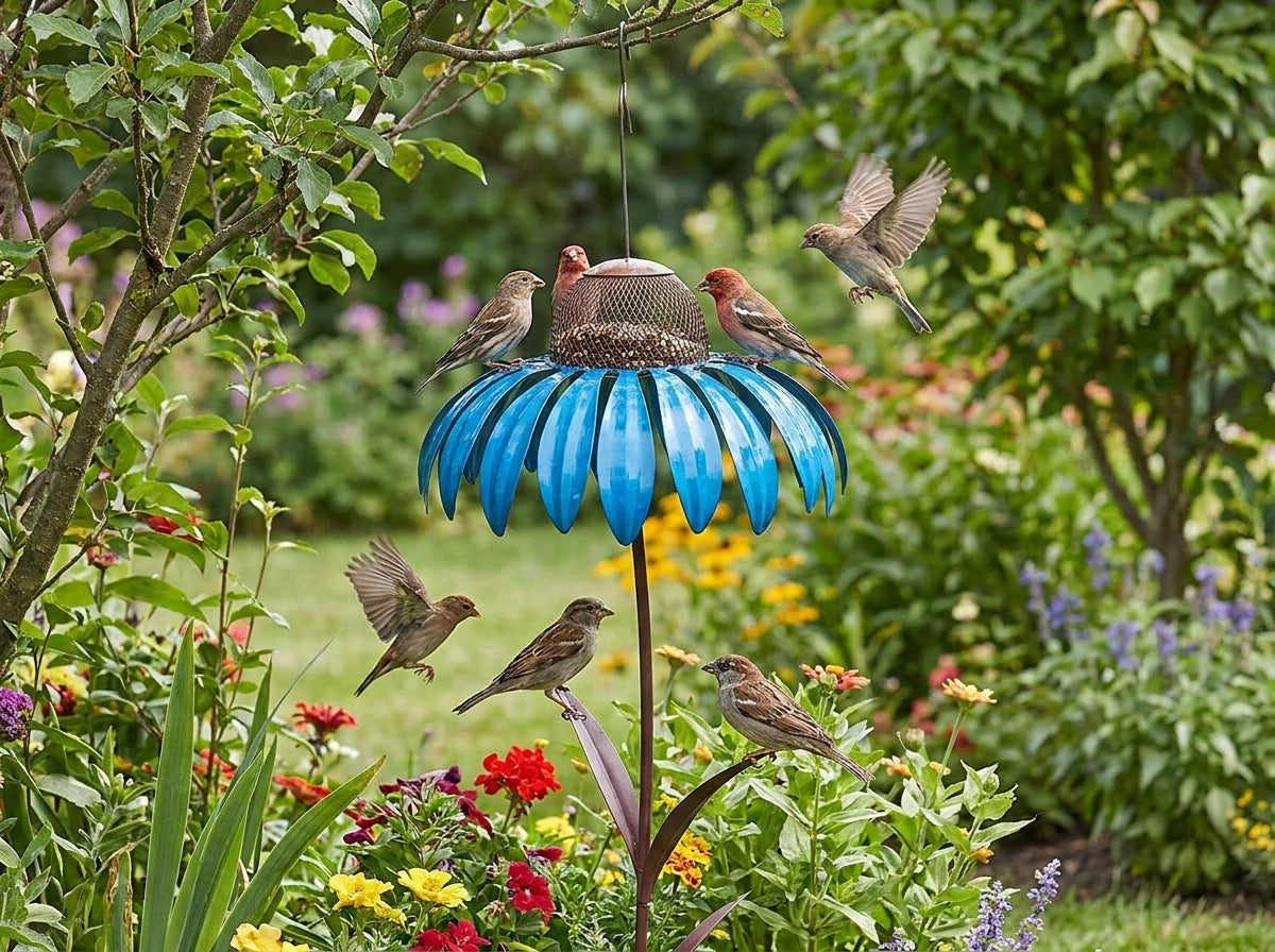 A blue flower-shaped bird feeder hanging in a lush garden, surrounded by several small birds perched on and flying near the feeder.