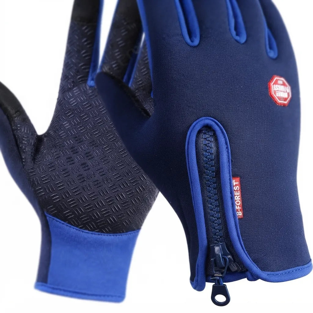 A pair of blue and black winter gloves with a textured grip on the palms, a zippered wrist opening, and a red circular logo patch on a white background.