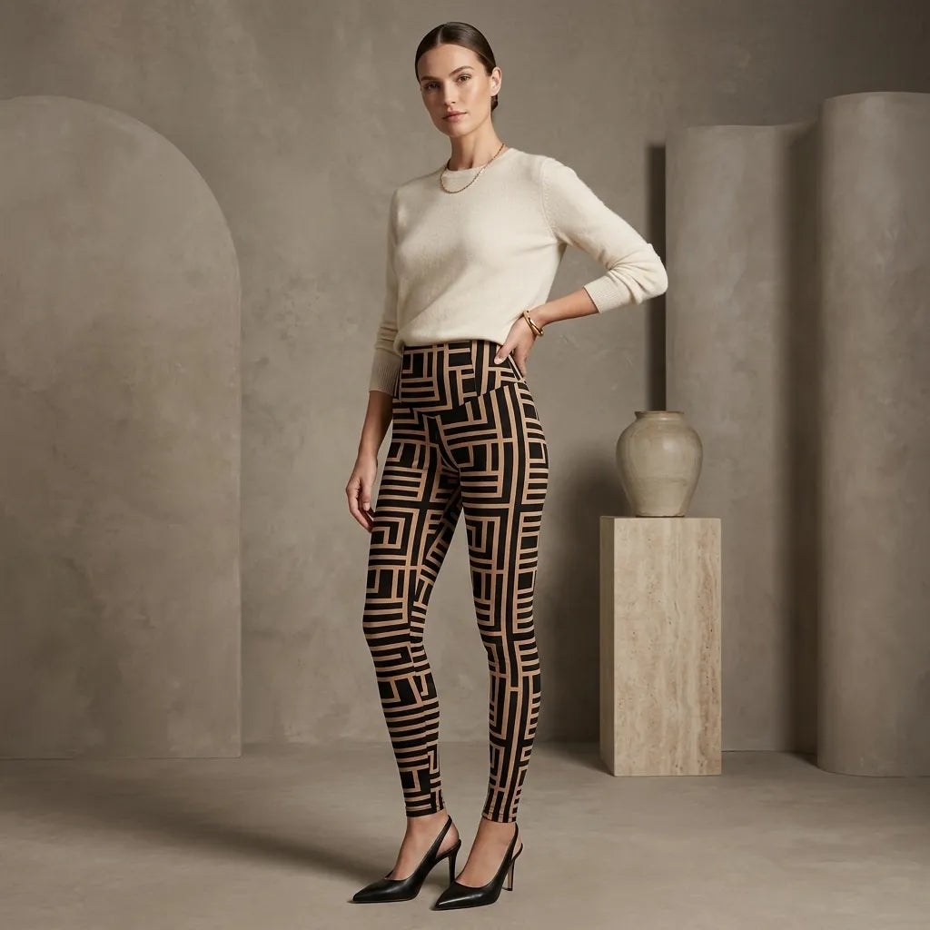 A woman models high-waisted leggings with a black and beige geometric maze-like pattern, paired with a cream long-sleeve top and black heels, in a minimalist studio setting with concrete-textured walls and a ceramic vase.