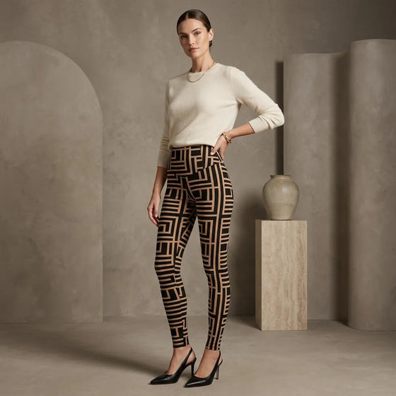 A woman models high-waisted leggings with a black and beige geometric maze-like pattern, paired with a cream long-sleeve top and black heels, in a minimalist studio setting with concrete-textured walls and a ceramic vase.