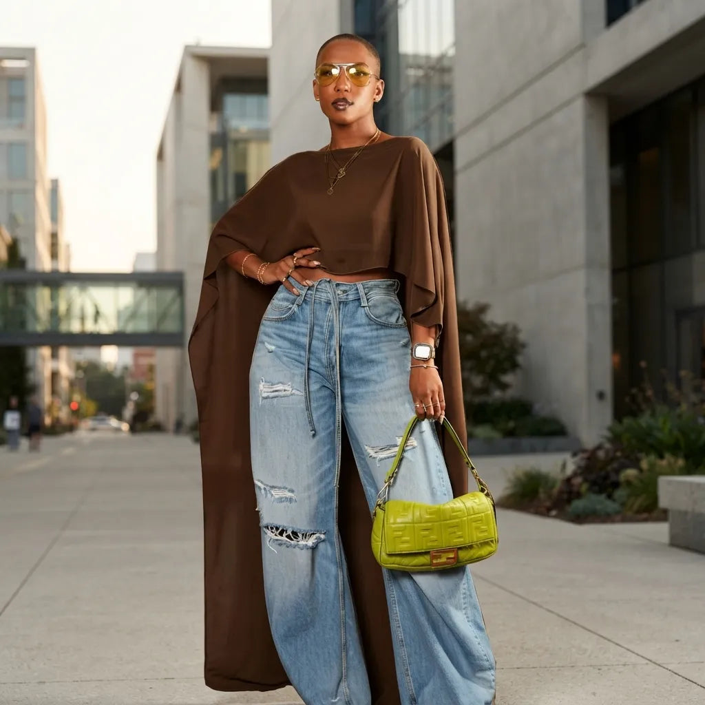 A woman stands on a city sidewalk wearing a brown draped long-sleeve top and light-wash wide-leg distressed jeans, holding a bright yellow-green crocodile-embossed handbag.