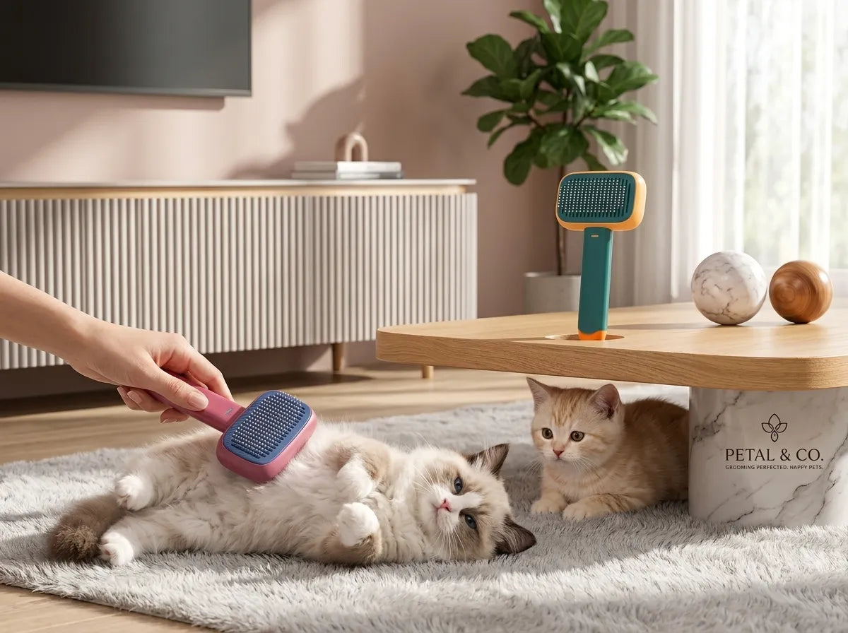 A pink and blue pet grooming brush is being used by a person to brush a fluffy white cat lying on a light rug in a modern living room. A second orange cat sits nearby, and a standing pet brush is visible on a wooden table.