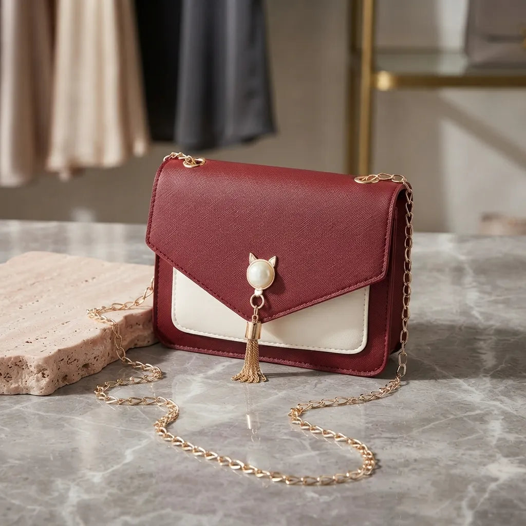 A small envelope-style shoulder bag in burgundy and cream faux leather with a gold chain strap, resting on a gray marble surface next to a stone block.