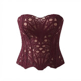 A burgundy lace corset bustier with an intricate floral lace pattern and sheer mesh details, shown against a plain white background.