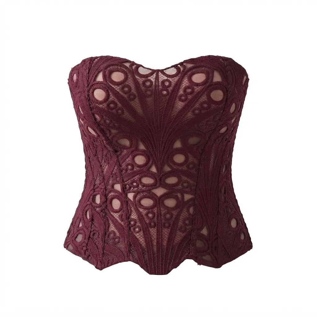 A burgundy lace corset bustier with an intricate floral lace pattern and sheer mesh details, shown against a plain white background.