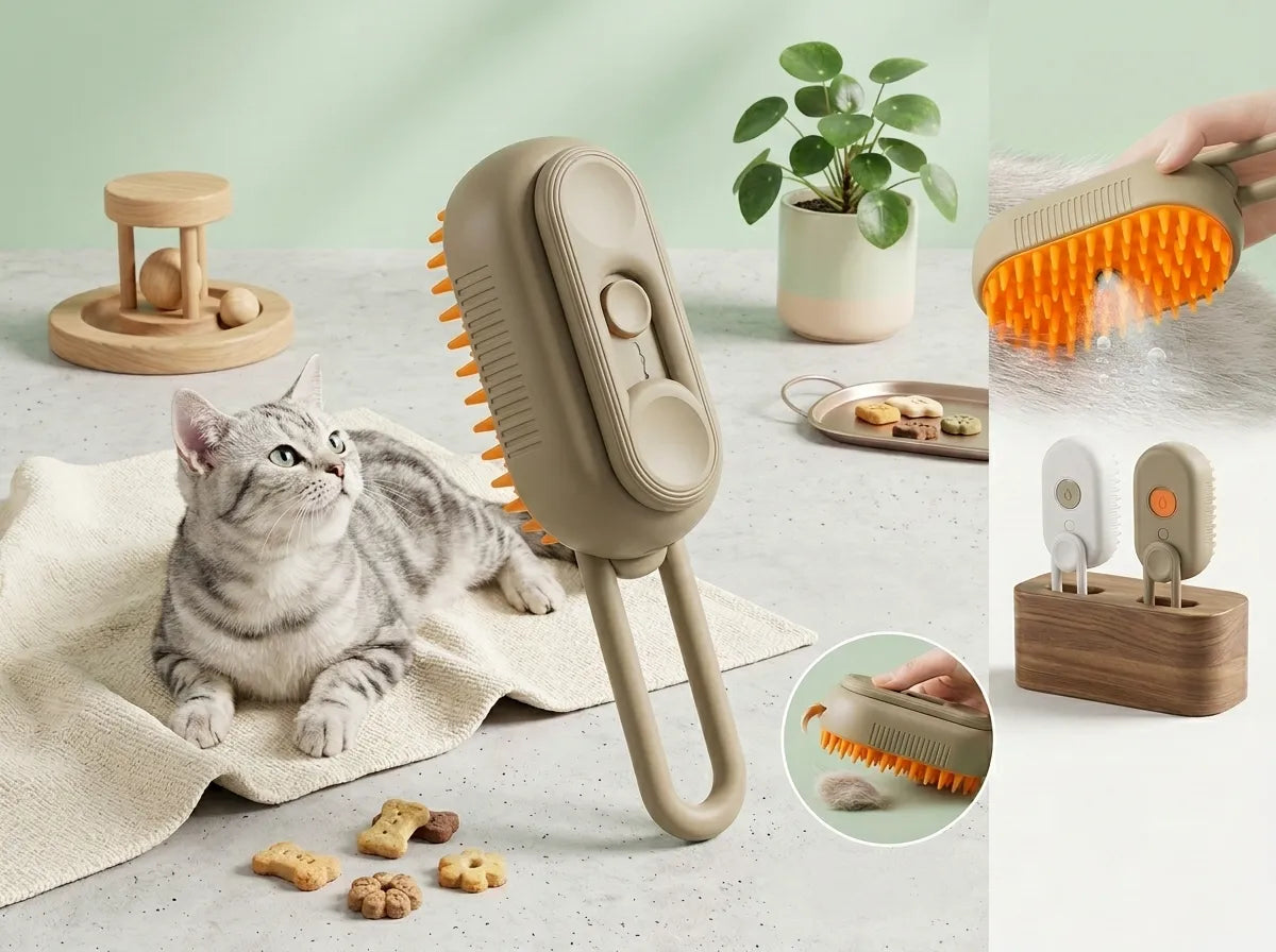 A beige pet grooming brush with orange bristles is shown prominently in a styled home scene with a gray tabby cat lying on a blanket nearby. The collage also includes a hand using the brush, the brush in a wooden stand, and a close-up of the bristle underside.