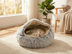 A fluffy gray round pet bed with a cream interior, shown on a rug in a sunlit room with a cat sleeping inside. A potted plant and chair are visible in the background.