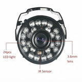 Black security camera with 24 LED lights and a 3.6mm lens, labeled with features on a white background.