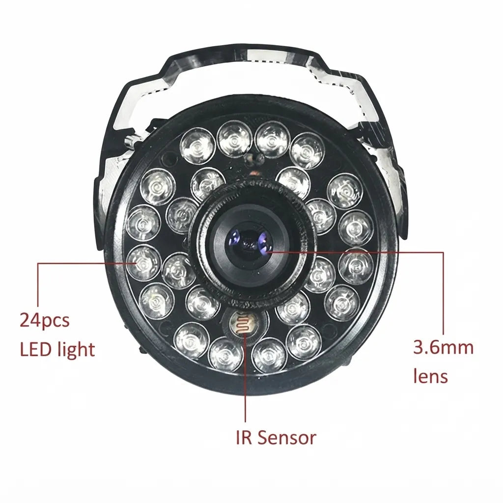 Black security camera with 24 LED lights and a 3.6mm lens, labeled with features on a white background.