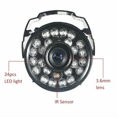 Black security camera with 24 LED lights and a 3.6mm lens, labeled with features on a white background.