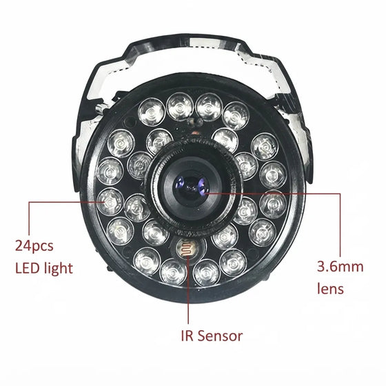 Black security camera with 24 LED lights and a 3.6mm lens, labeled with features on a white background.