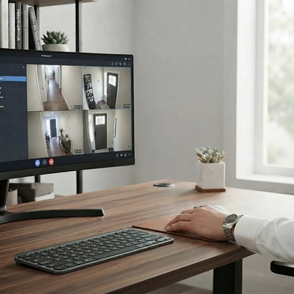 A modern home office setup with a large multi-view security monitor showing multiple camera feeds, alongside a wireless keyboard and mouse on a wooden desk. A person's hand and arm are visible on the desk, and the scene is set against a bright, neutral background with a window.
