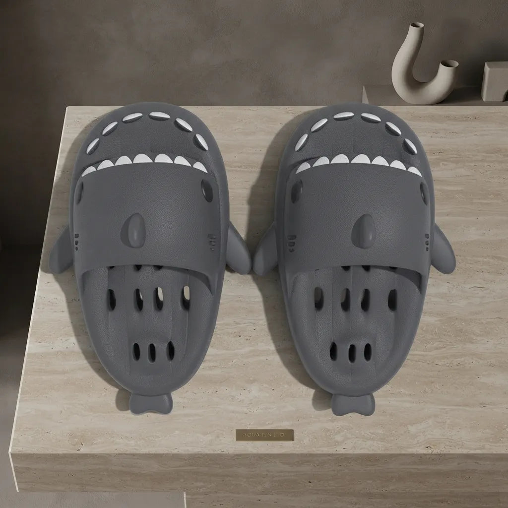 A pair of dark gray shark-shaped clogs with white teeth details, displayed on a light beige stone surface.