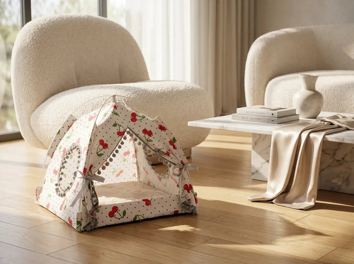 A small fabric pet play tent with a cherry and polka dot pattern sits on a light wood floor in a modern living room setting with beige armchairs and a marble coffee table.