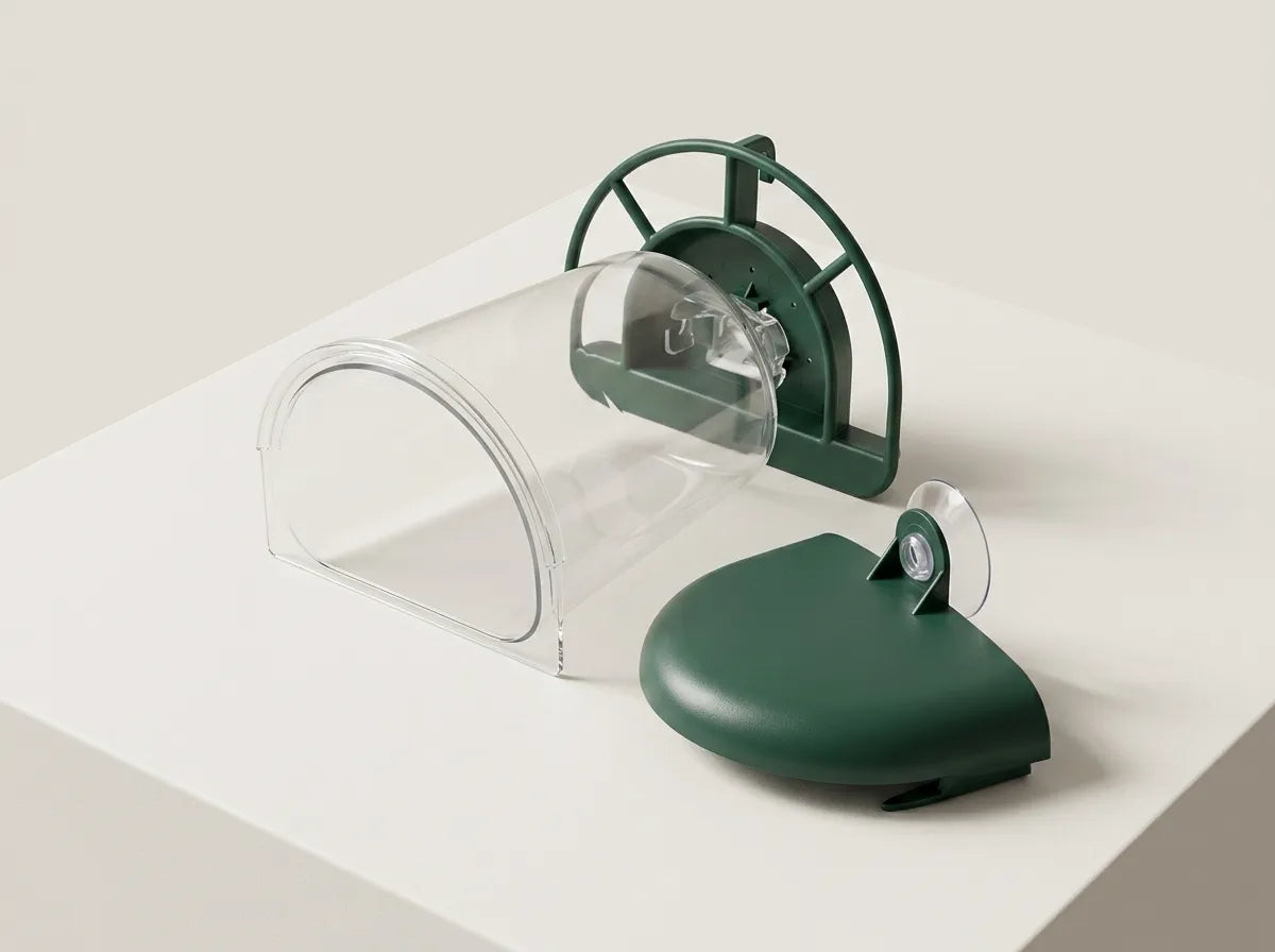 A green and clear plastic pet playpen set consisting of a clear plastic tunnel, a green frame, and a green lid with a clear suction cup, displayed on a white platform against a light beige background.