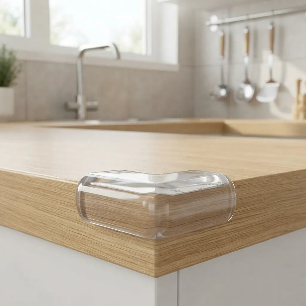 A clear plastic corner guard bumper attached to the edge of a light oak kitchen countertop in a bright, modern kitchen setting.