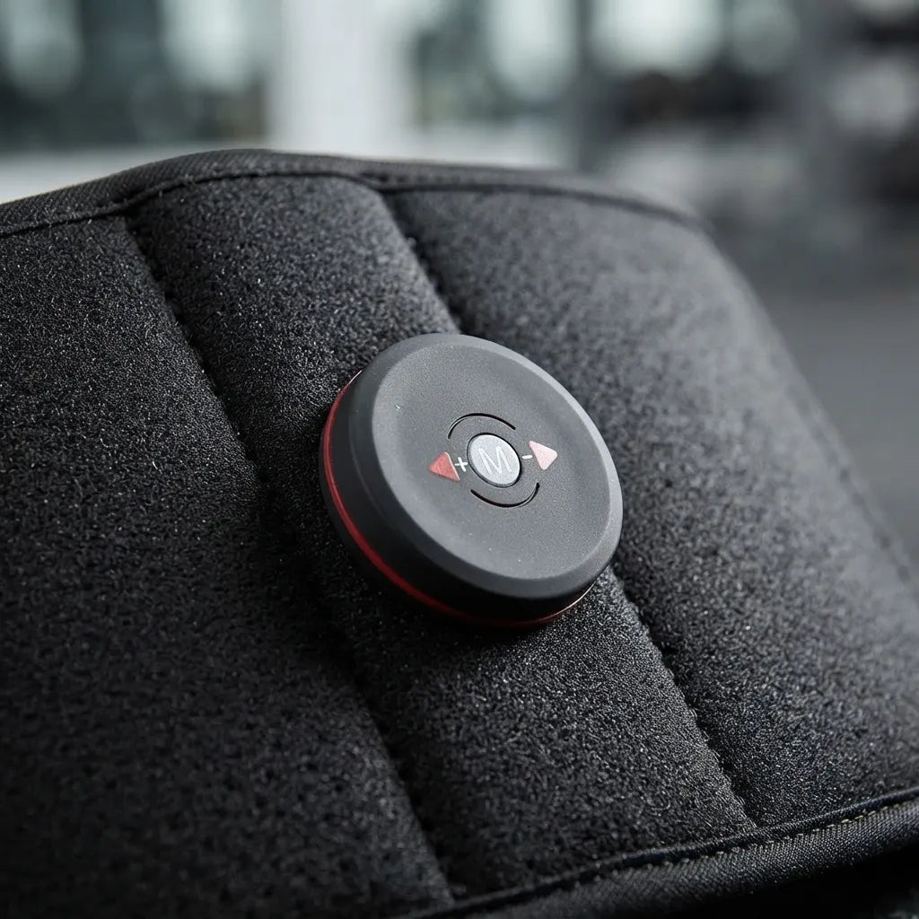 A close-up of a circular black control module with red trim and directional buttons, mounted on a textured black padded surface.
