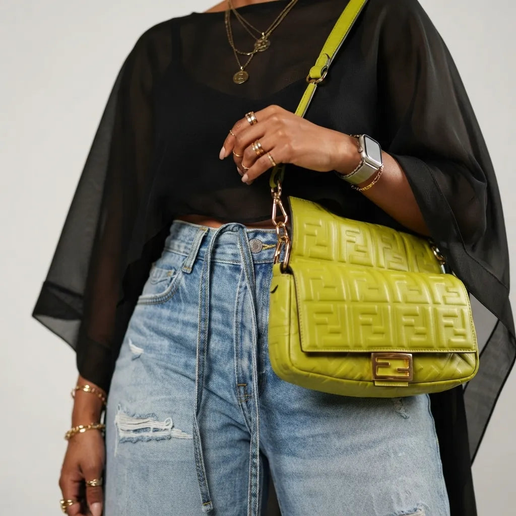 A lime green Fendi shoulder bag with embossed FF logos and gold hardware, worn by a model in a black sheer poncho and light blue jeans.